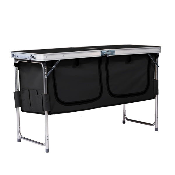 Portable 4ft Folding Camping Table with Storage Compartments - Black
