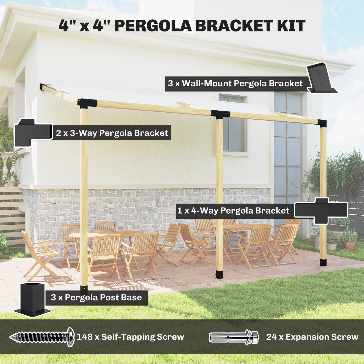 Pergola Kit with 15° Slanted Brackets & Post Bases - Black