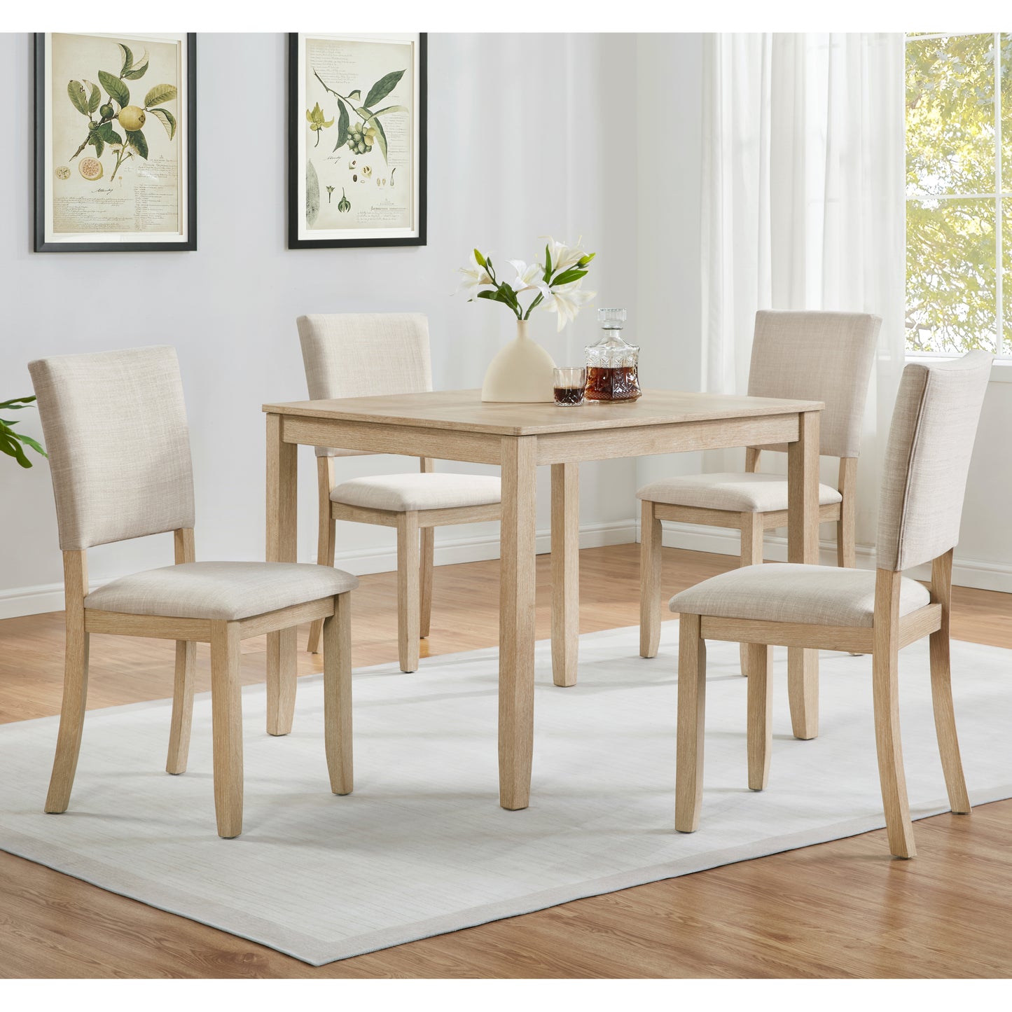 4-Person Wooden Dining Table Set with 4 Chairs - Light Oak & Beige