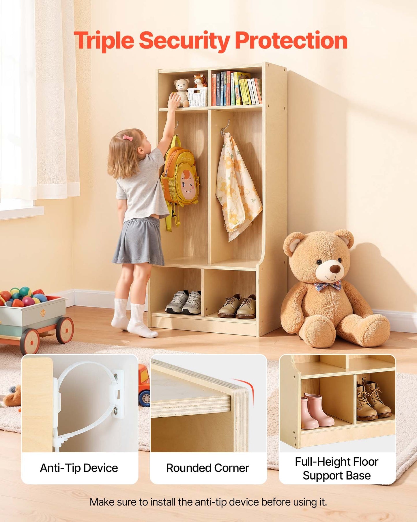 Kids Wooden Coat Locker with Hooks & Storage Cubes - Toddler Organizer, Natural Finish