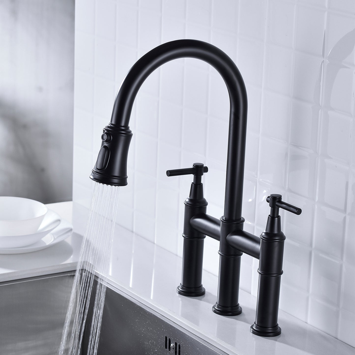 Pull Down Kitchen Faucet with Dual Handle - Matte Black