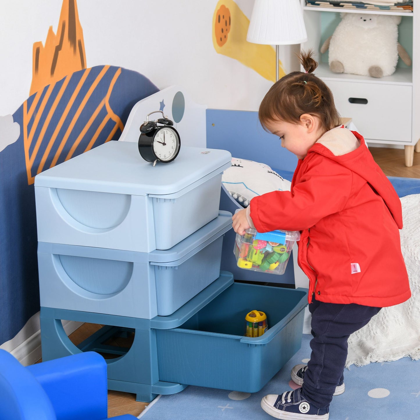 3 Tier Kids Toy Storage Organizer With Drawers, Blue, Chest For