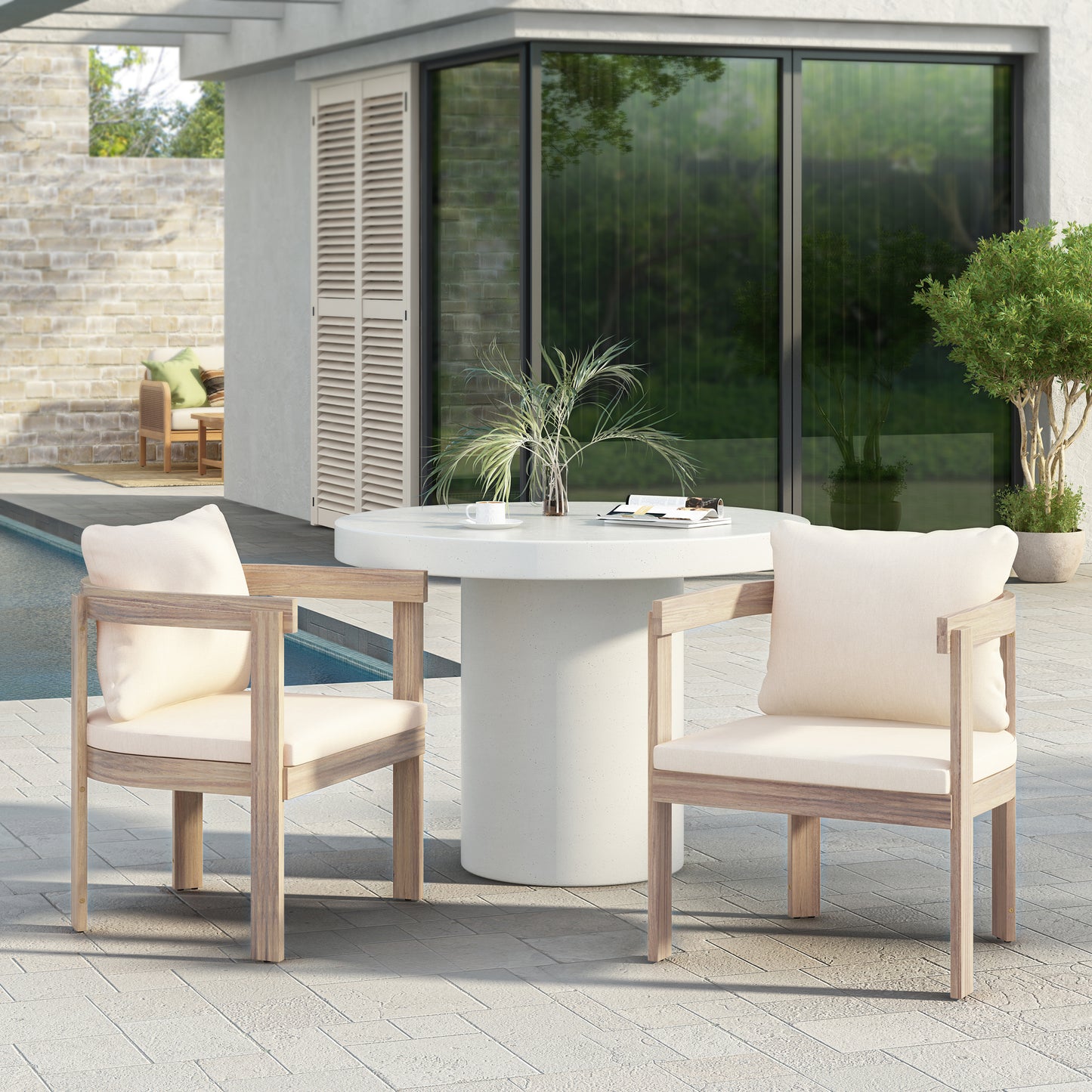 Acacia Wood Dining Chairs Set of 2 with Cream Cushions