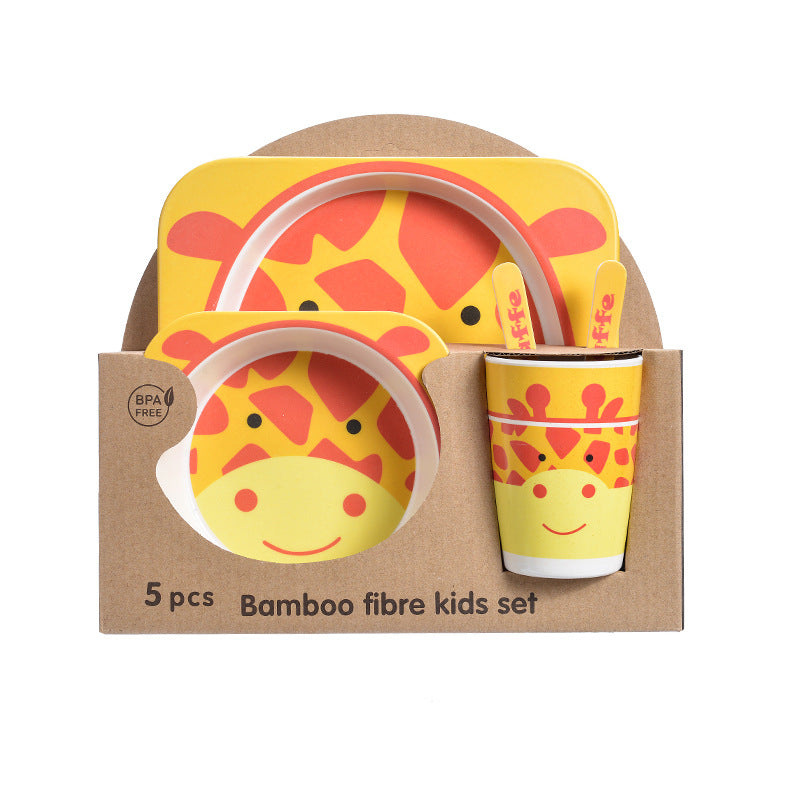 Baby Bamboo Tableware Set 5pcs - Cartoon Childrens Dinnerware for Kids