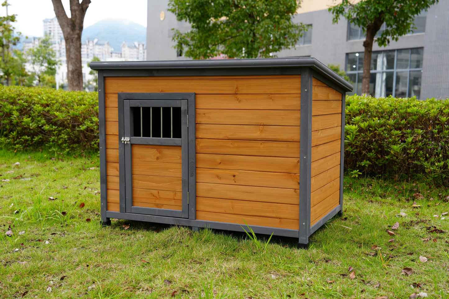 Large Solid Wood Dog House with Waterproof PVC Roof & Breathable Wooden Doors - Gray+Yellow