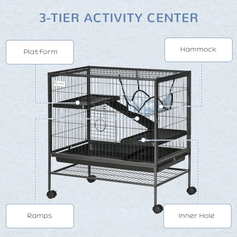 Small Animal Cage on Wheels with Storage Shelf and Removable Tray - Suitable for Hamsters, Ferrets, Rats, and Kittens