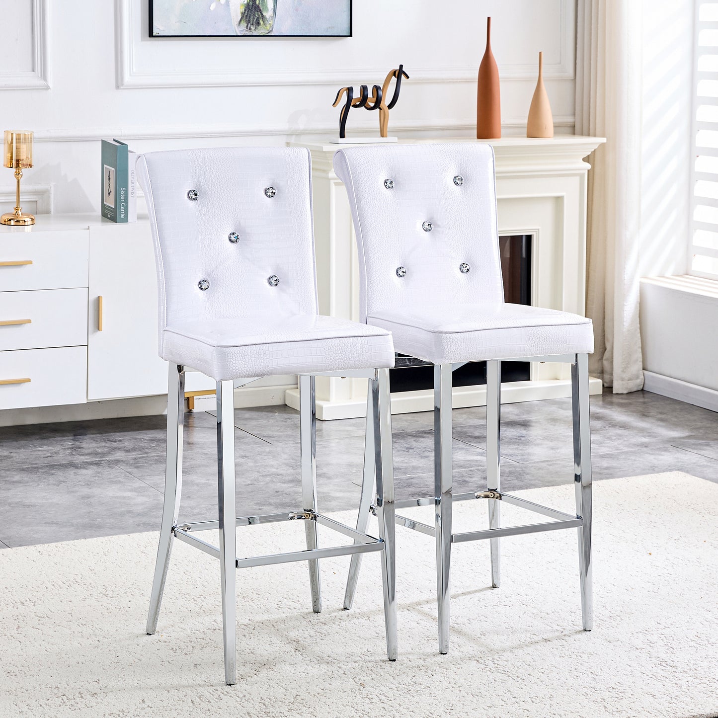 A Set Of 2 White Vintage Crocodile Leather Bar Chairs, Featuring