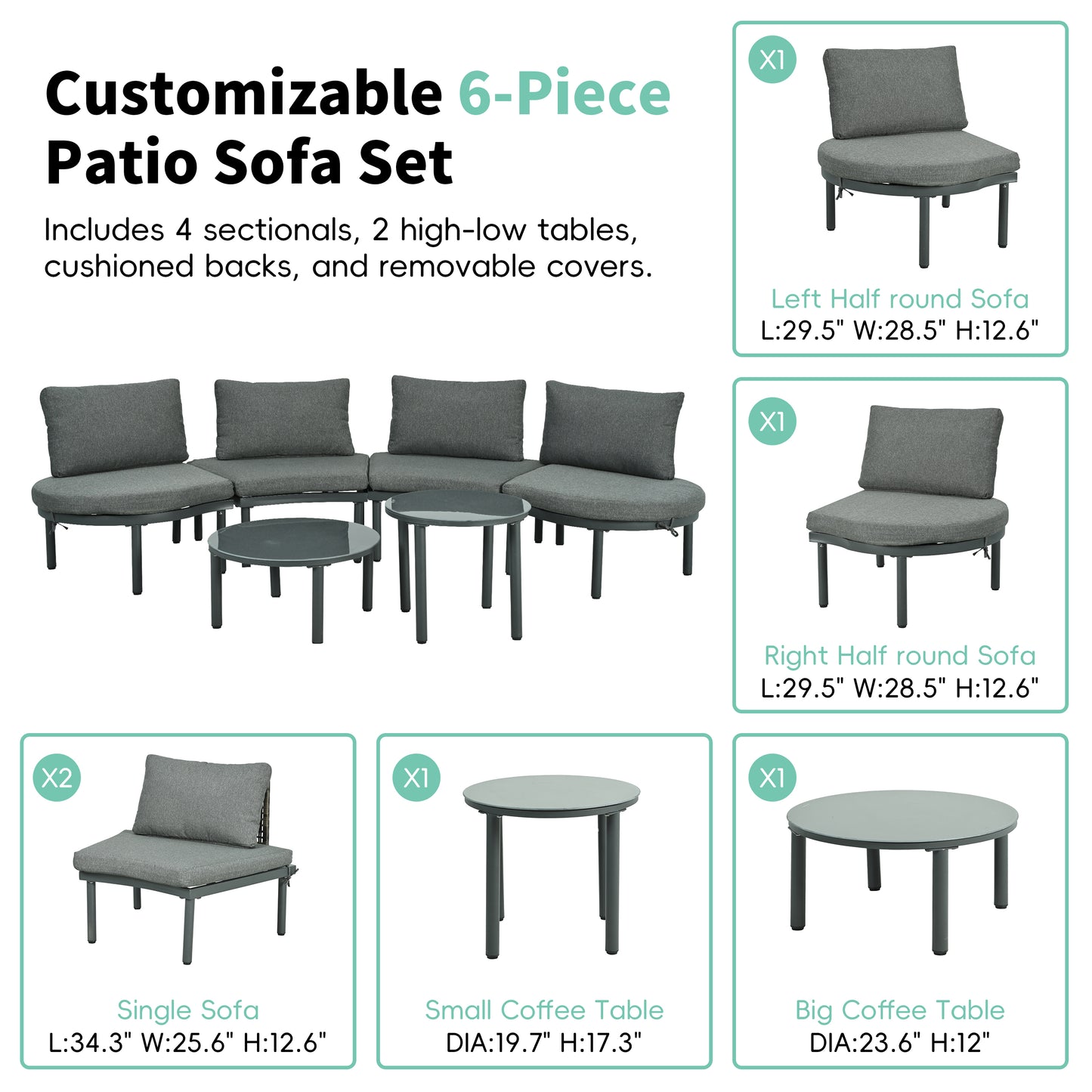 6-Piece Patio Sofa Set with Half Moon Sectional & Coffee Tables