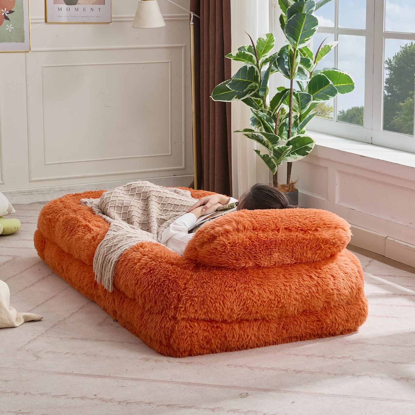 Adjustable Human Dog Bed & Lazy Sofa - Orange Plush Fabric