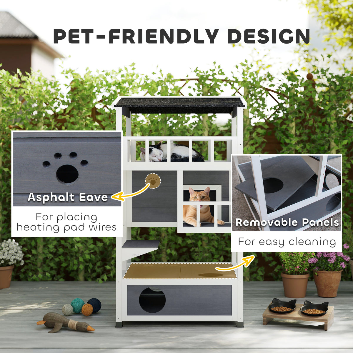 Outdoor Cat House with Asphalt Roof, Escape Doors & Jumping Platform - Gray