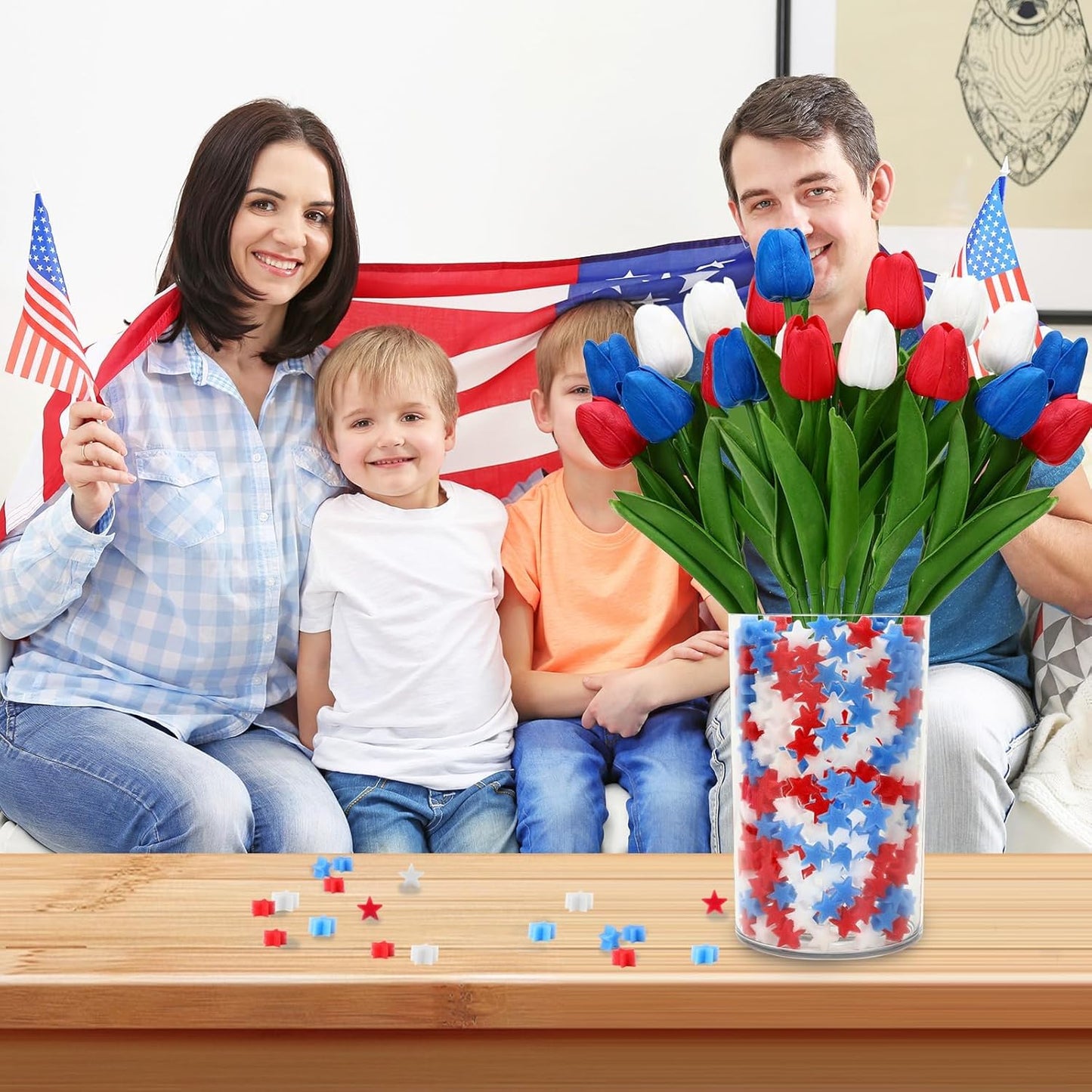 4th of July Artificial Tulips & Sponge Stars - 12 Pcs Set