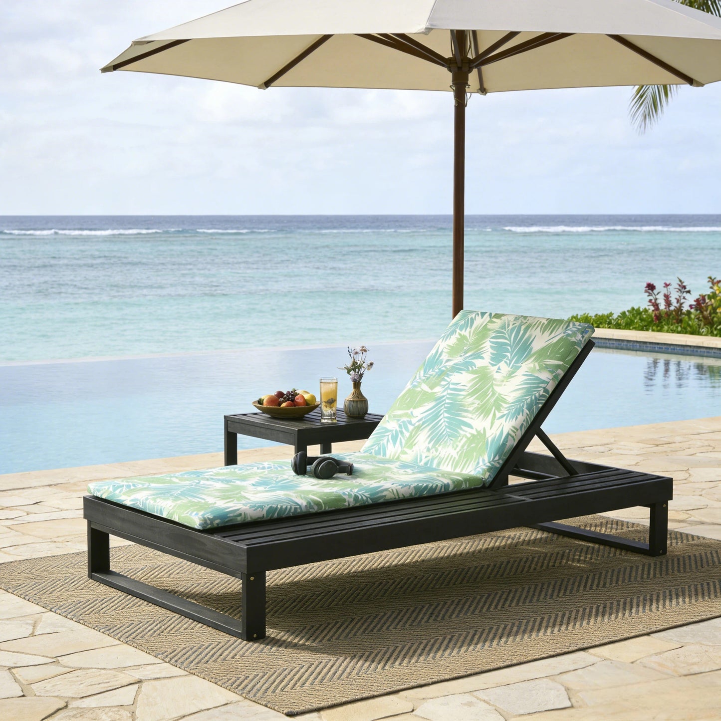 Black Acacia Wood Chaise Lounge with 4-Position Adjustable Cushion