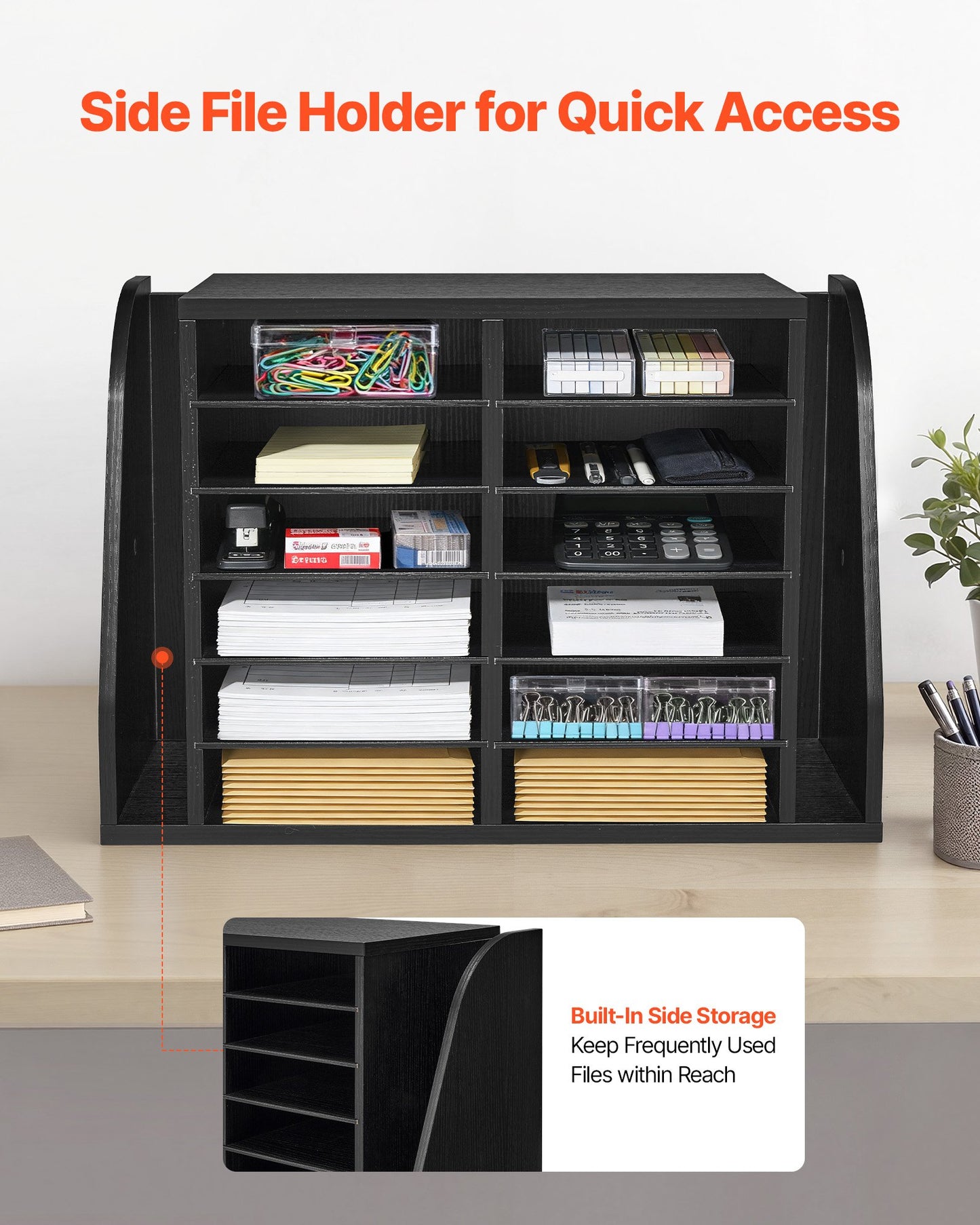 Wooden Literature Organizer with 12 Compartments and Side Storage - Office Desk Mailbox, Black