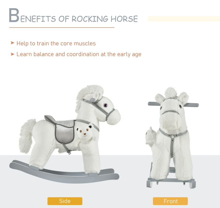 White Plush Rocking Horse with Bear Toy for Kids - Soft Sound