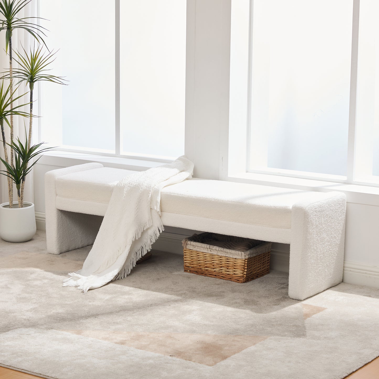 66.9" Modern Upholstered Cozy Boucle Bench - Ivory