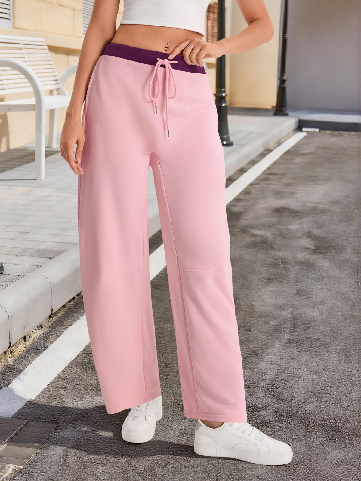 Wide Leg Sweatpants with Drawstring Waist and Pockets - Color Block
