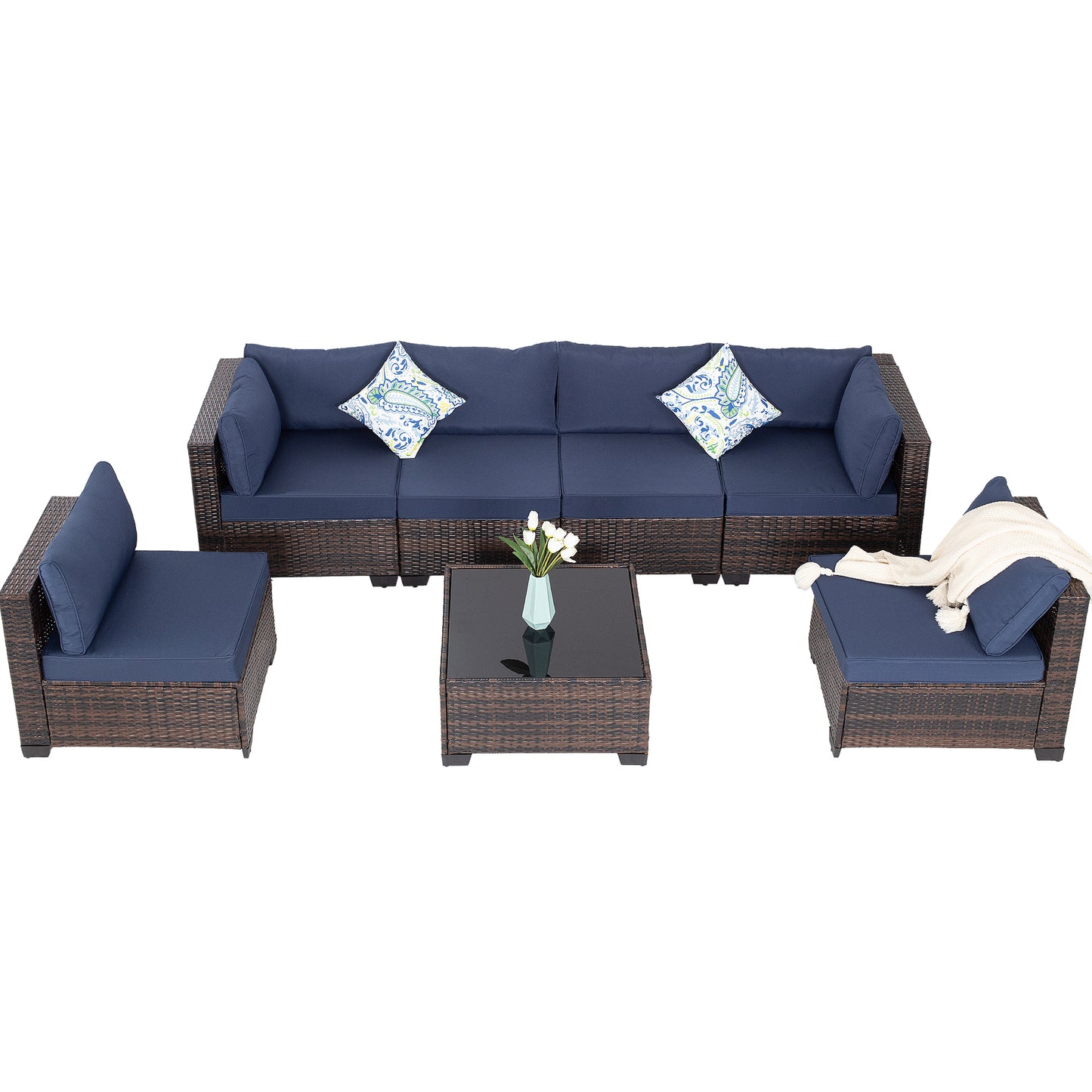 7-Piece Outdoor Patio Furniture Set - All-Weather Wicker Sectional Sofa with Cushions & Glass Table - Brown