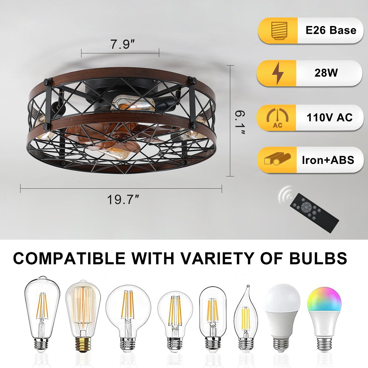 20-Inch Black Caged Ceiling Fan with Light Fixture - Farmhouse Style