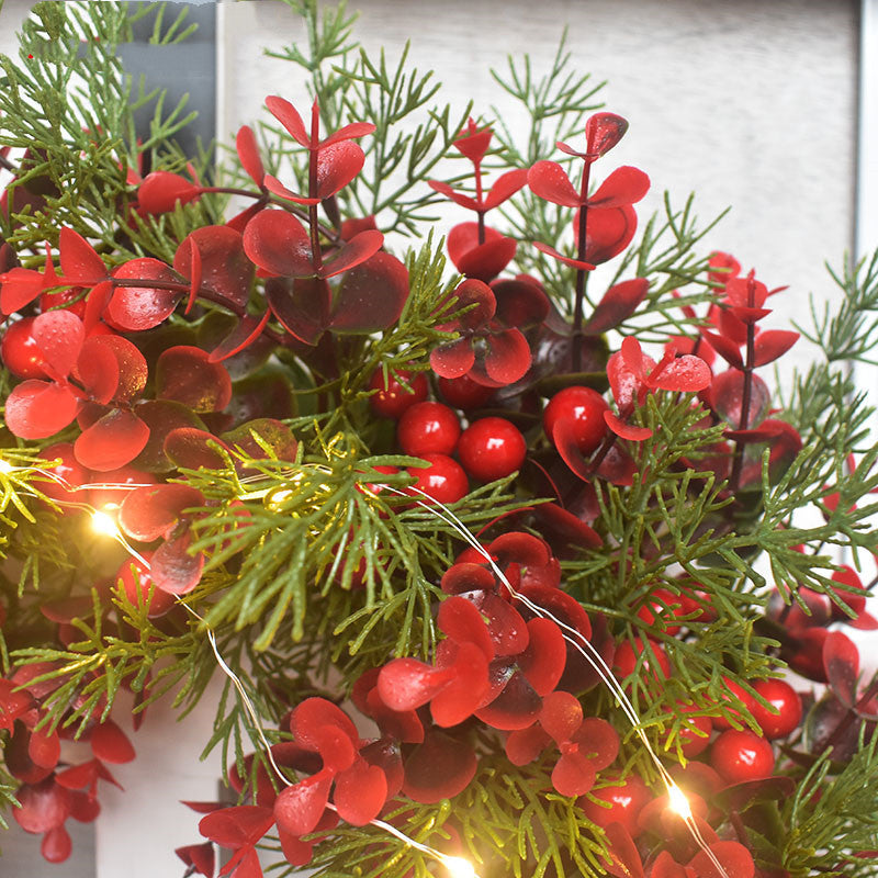 Red Christmas Wreath with Lights - Artificial Cherry Pattern Wall Hanging Garland