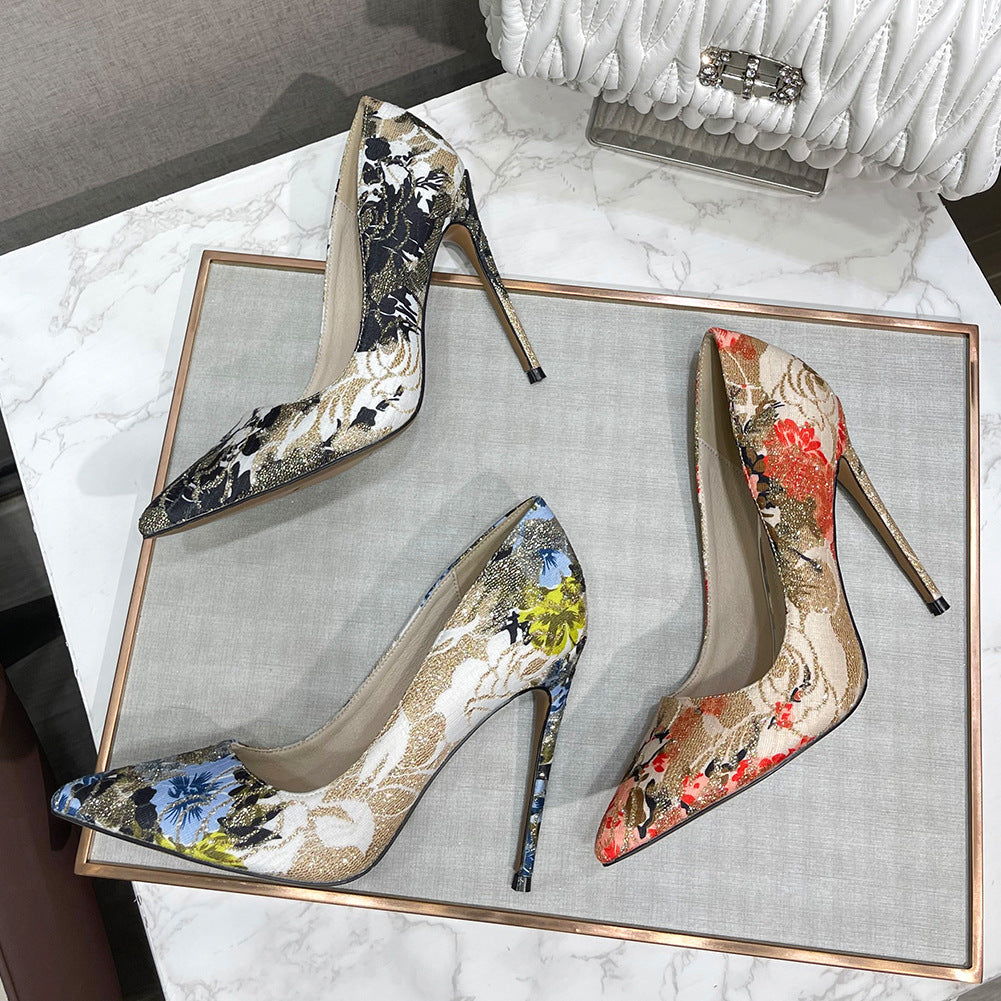 European & American Style Embroidered High Heel Shoes for Women