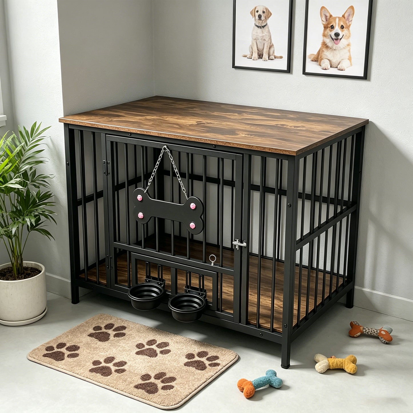 Wood Grain Dog Cage with Rotating Bowl and Silicone Safety Material - Pet Guardrails