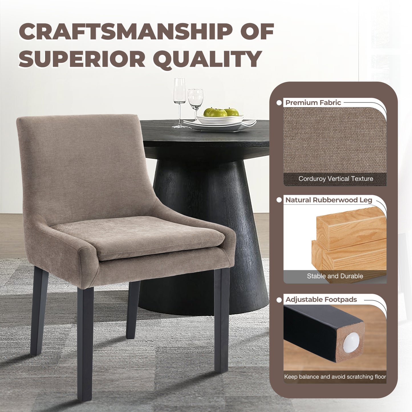 Upholstered Dining Chairs Set of 2 - Mid Back, Wood Legs