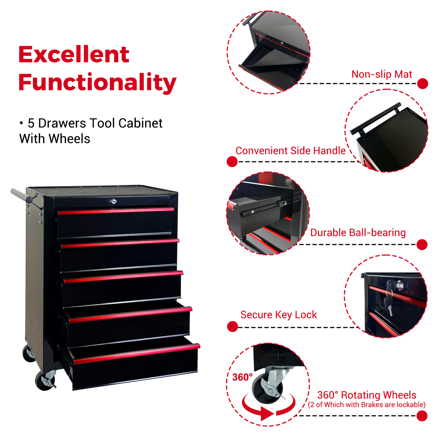 5 Drawer Rolling Tool Chest with Ball Bearing Slides - Steel Garage Storage