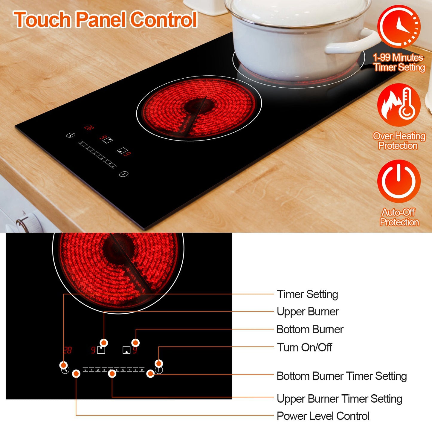 Dual Induction Electric Cooktop 1900W with Timer & Safety Features - Black