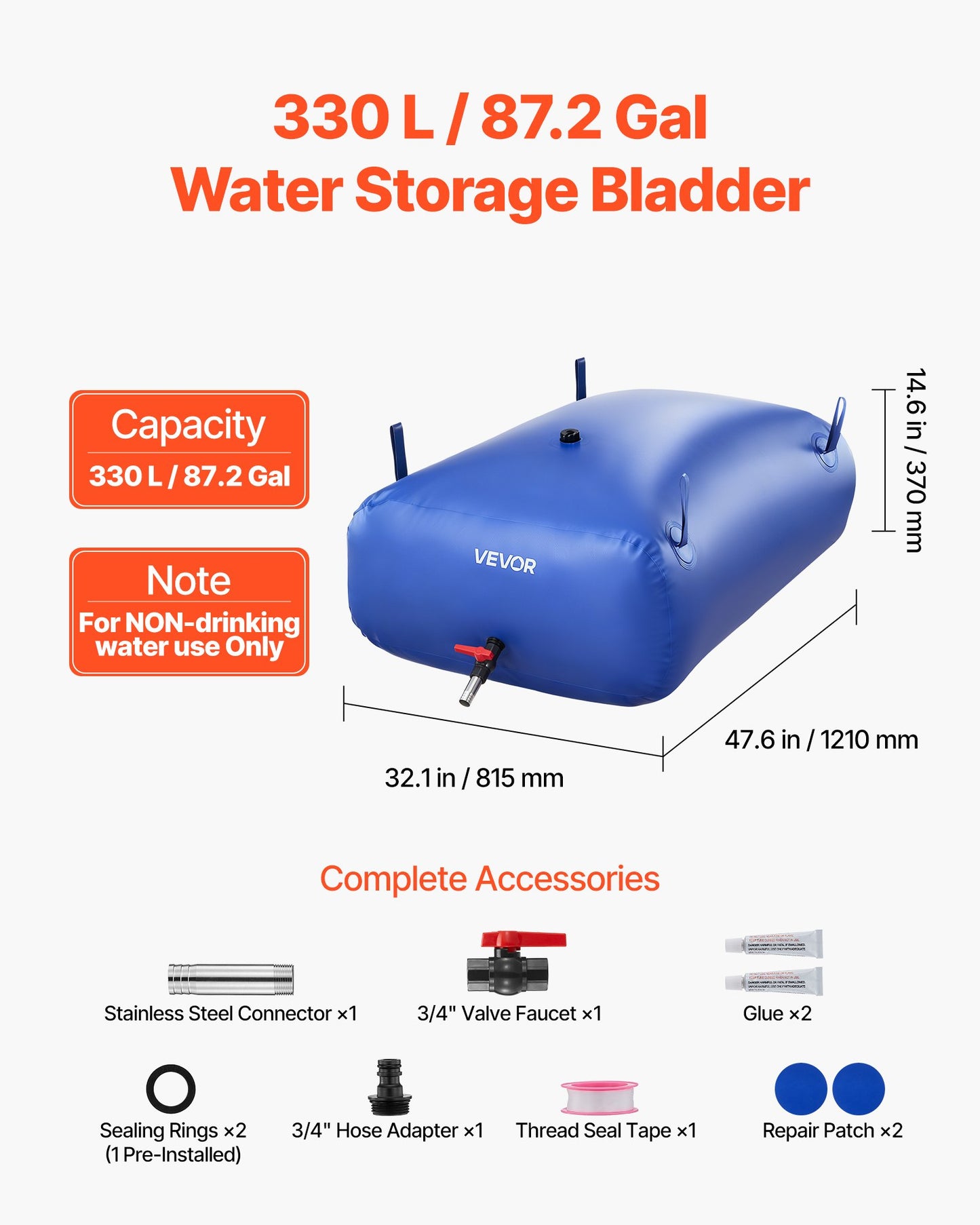 87.2 Gal Collapsible Water Storage Bladder with Leakproof PVC for Camping RV Garden Irrigation