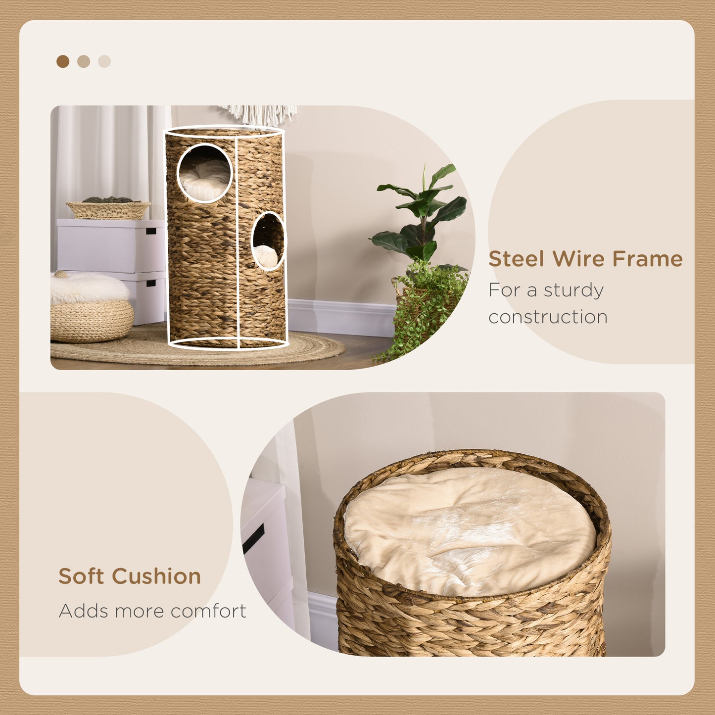 Elevated Cat Bed with Hideaways - 3-Story Indoor Kitty Tower, Water Hyacinth