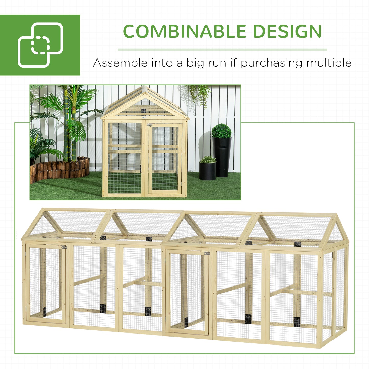Wooden Chicken Run with Perches - Combinable Design, Natural Wood, 830x380x560mm