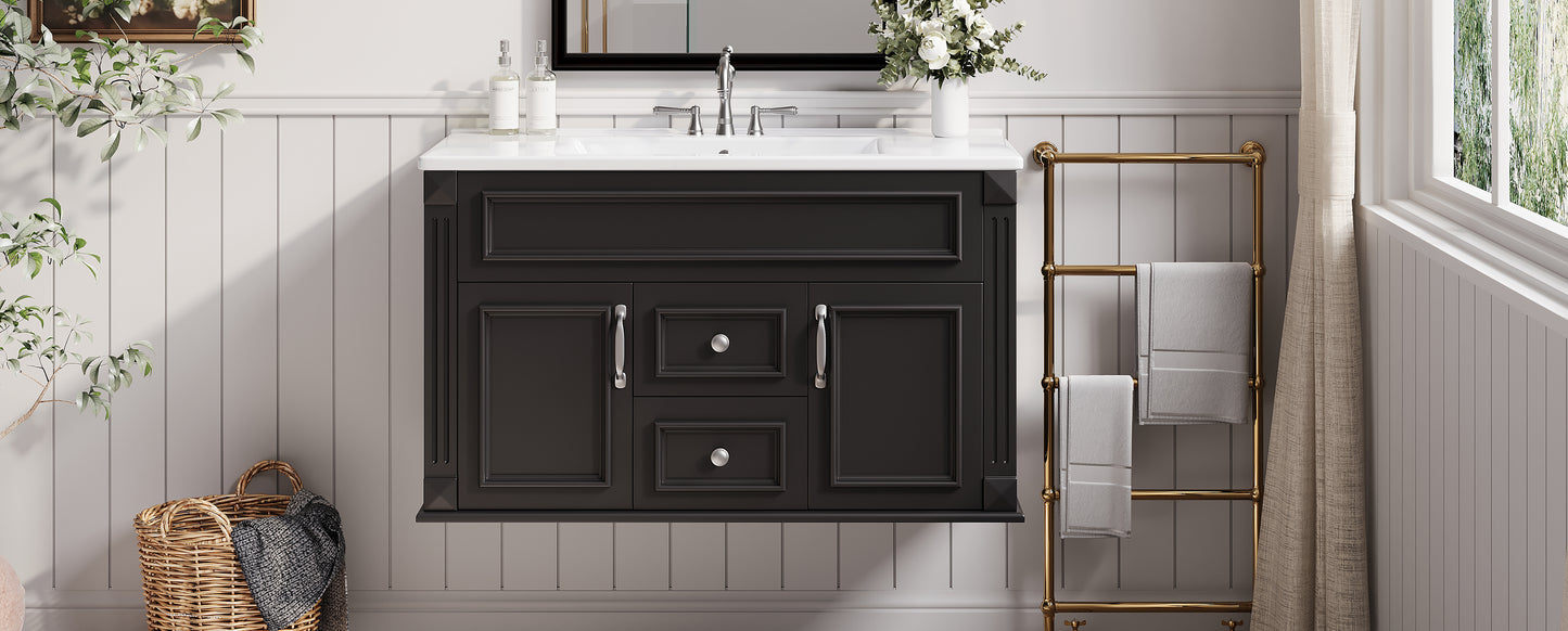 36-Inch Wall-Mounted Bathroom Vanity with Ceramic Sink - Black