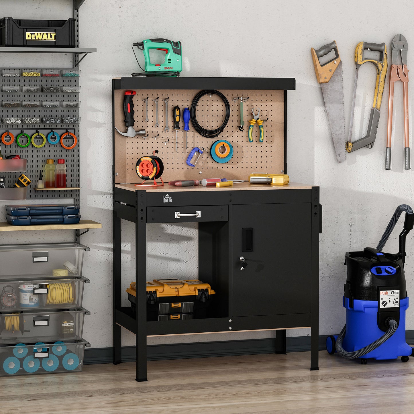Multipurpose Workshop Workbench with Pegboard Drawer Cabinet Steel Frame Black 1190x580x125mm
