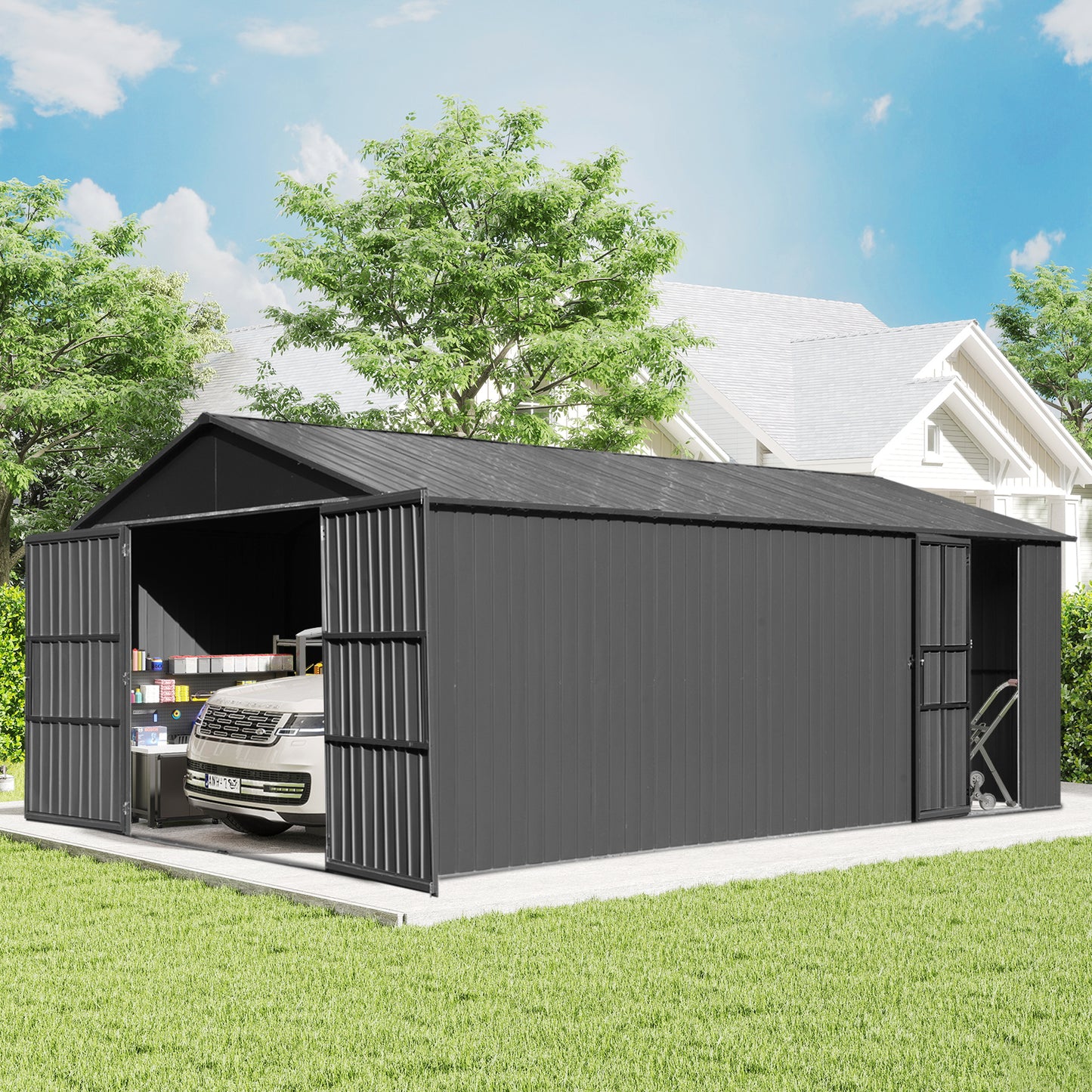 12x15FT Outdoor Metal Garage Shed, Extra Large Carport With Lockable