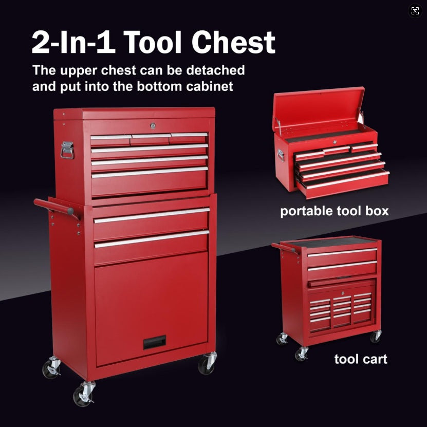 8-Drawer Tool Cabinet Combo with Lock - Red Rolling Storage Chest