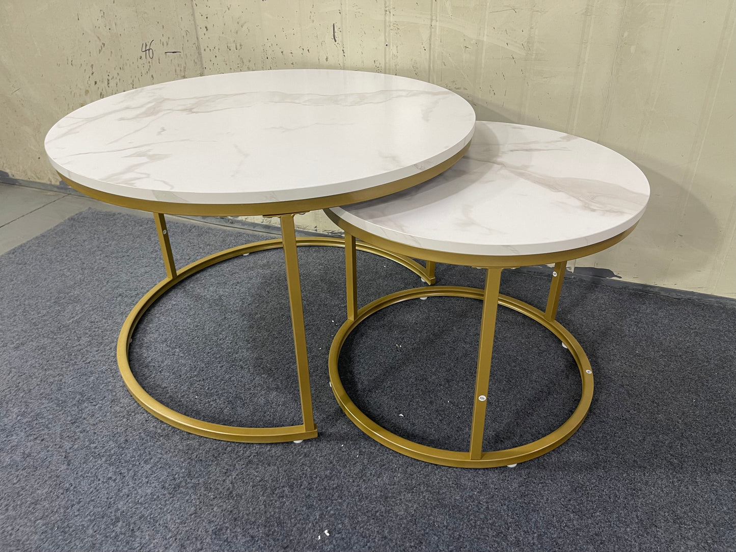 Nesting Coffee Table Set of 2 - Round Wood Marble Pattern - White+Gold