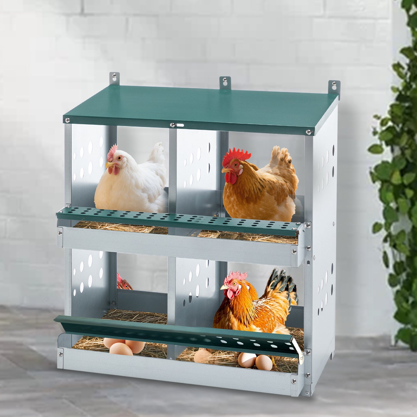 4-Compartment Galvanized Steel Chicken Nesting Box Wall Mount Egg Laying Coop with Green Finish