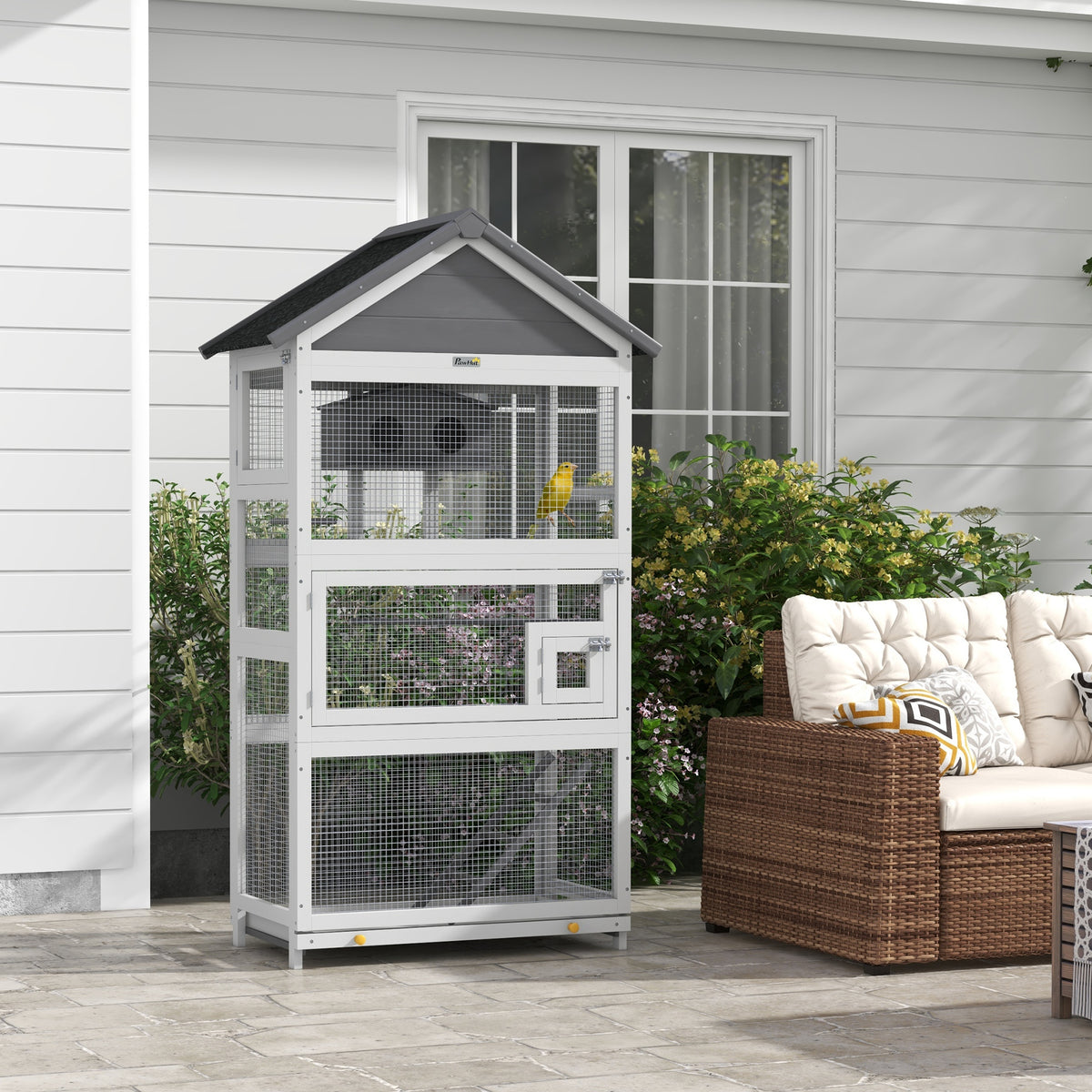 Wooden Bird Cage with Slide-Out Tray for Finches and Parakeets - Gray, 865x300x540mm