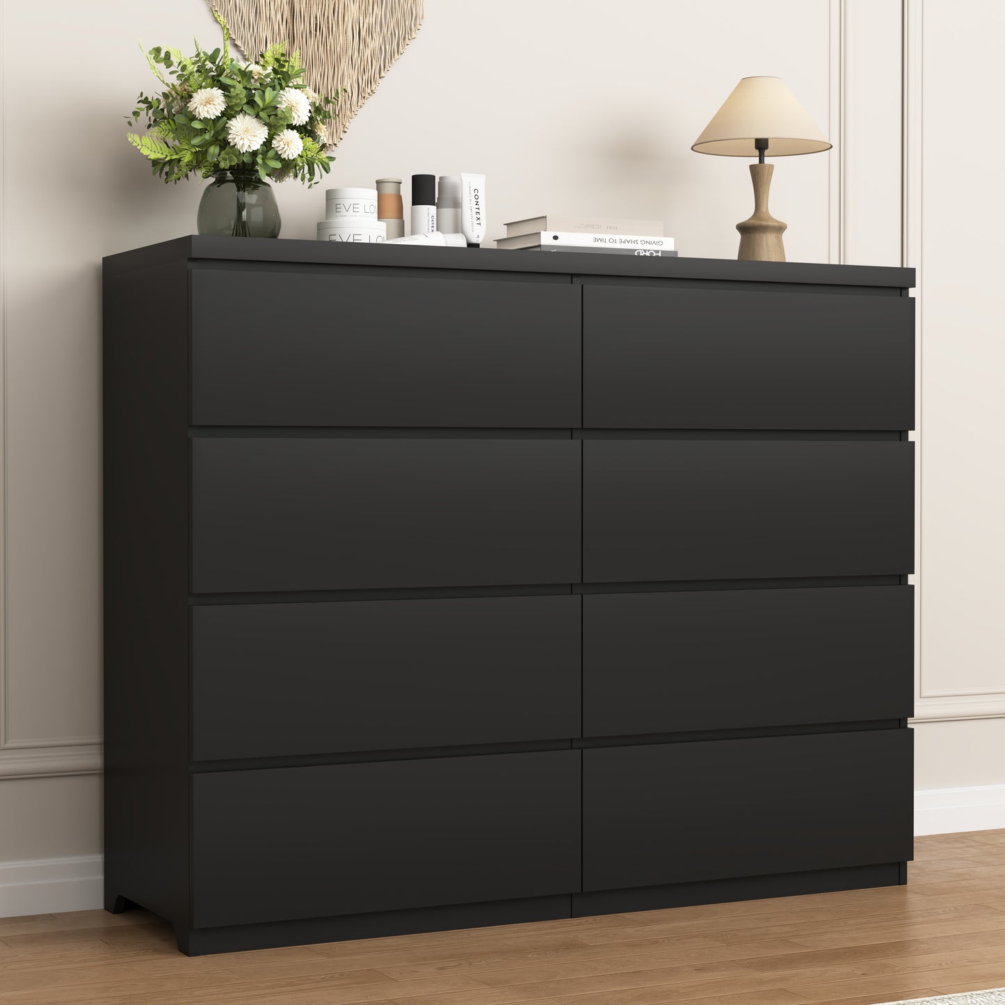 8-Drawer Black Dresser - Modern Wood Chest for Bedroom
