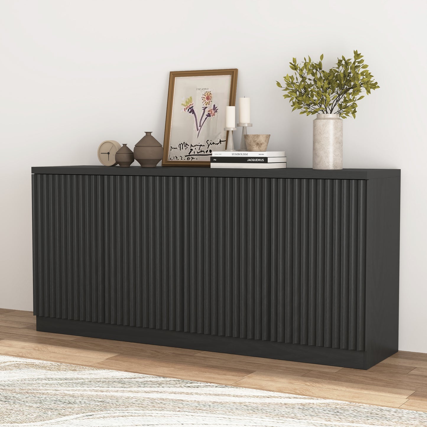 Black Buffet Cabinet with 4 Doors & Shelves - 62.6" Sideboard