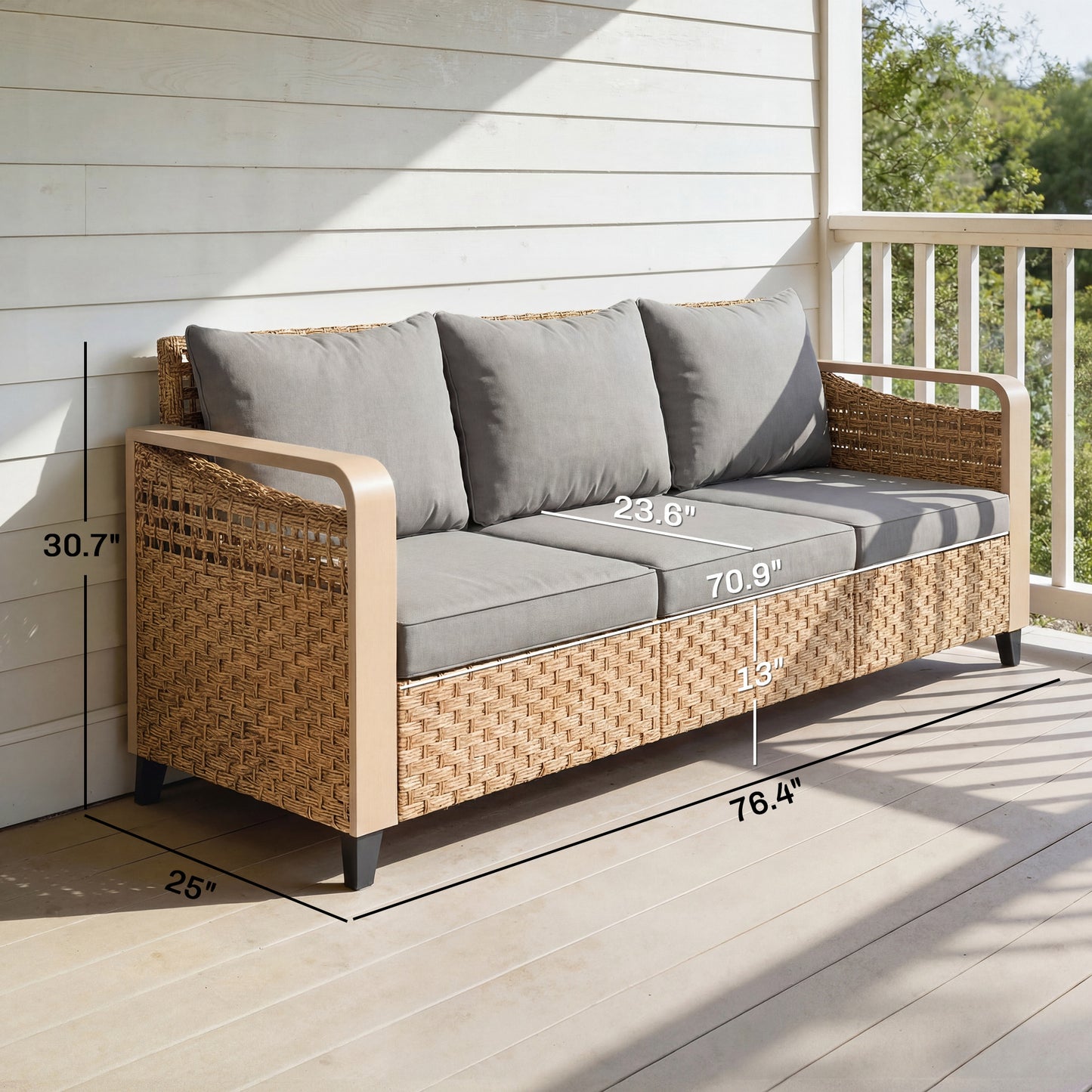 3-Seater Outdoor Rattan Wicker Sofa with Cushions - Gray