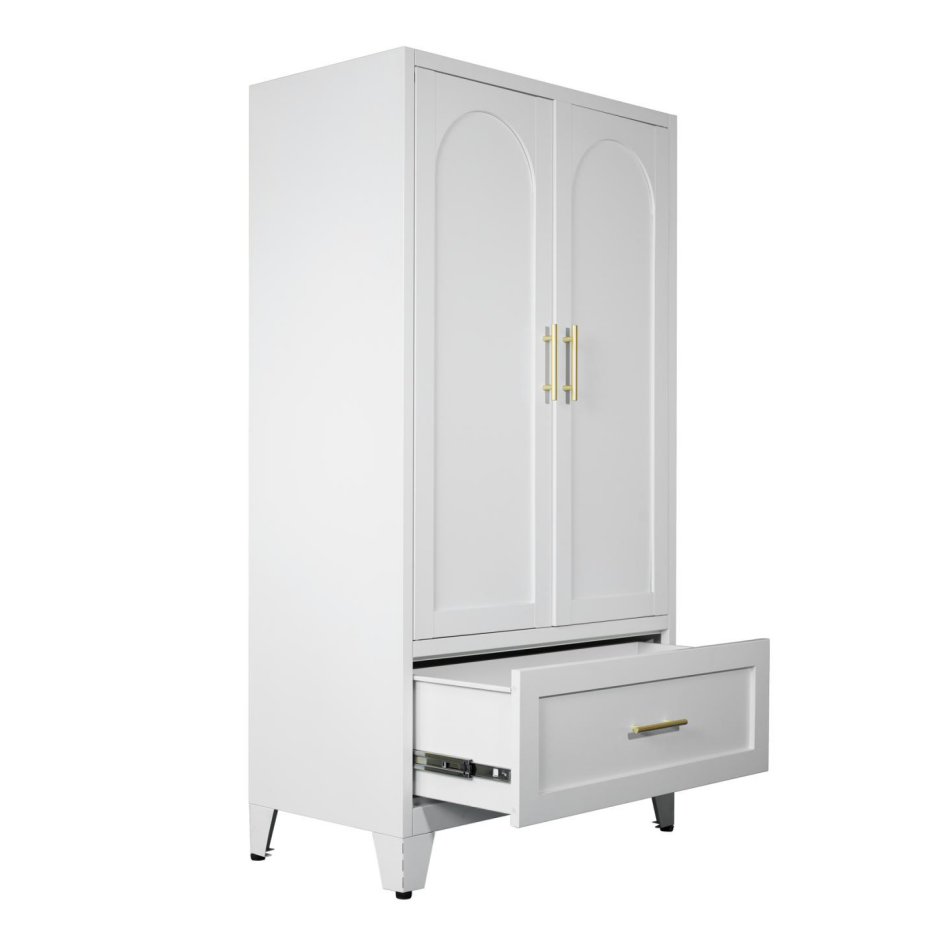 60-Inch Tall Metal Wardrobe Cabinet with Drawer & Shelf - White