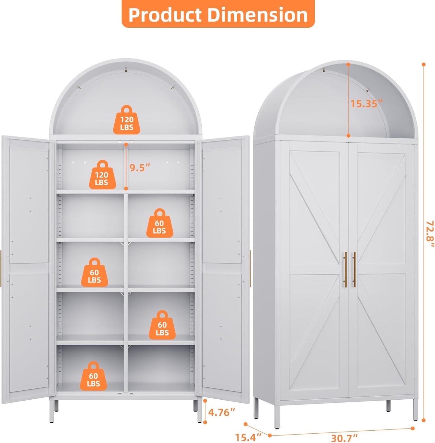 Tall Arched Kitchen Pantry Cabinet with Adjustable Shelves - White