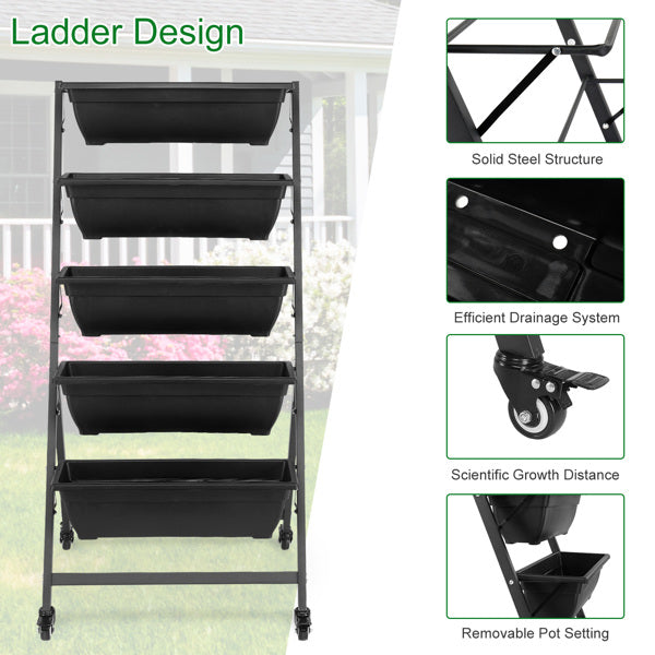 Black 5-Layer Vertical Garden Planter with Wheels - 65x60x130cm