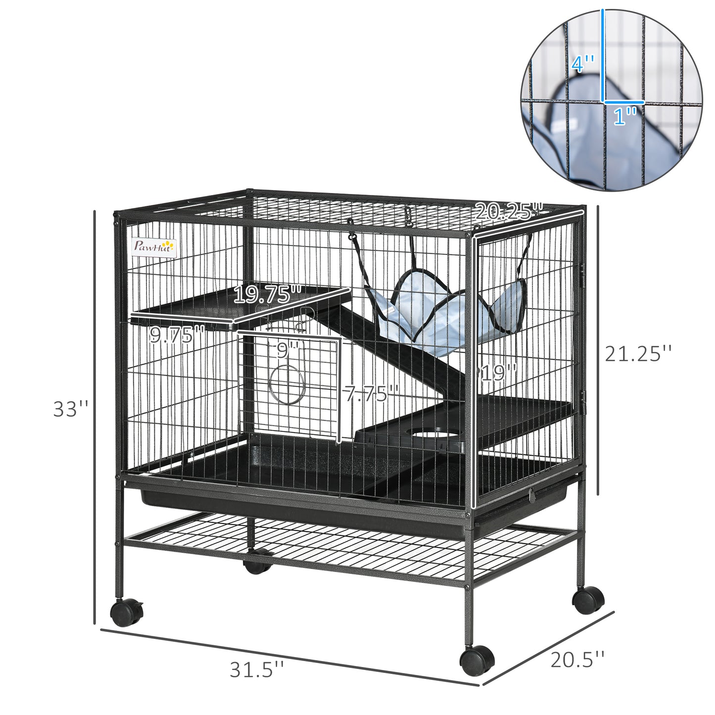 Small Animal Cage with Wheels, Multi-Tier Pet Habitat for Hamsters, Ferrets, Chinchillas - Black 31.5 x 20.5 x 33.1 inches