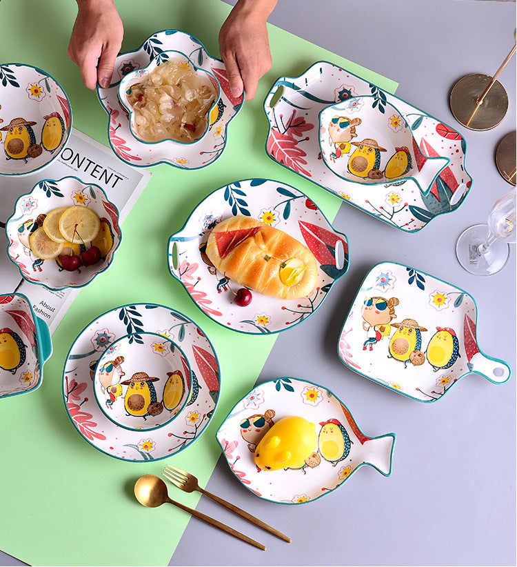 Ceramic Tableware Set with Rainforest Pattern - Nordic Style Dinnerware Collection