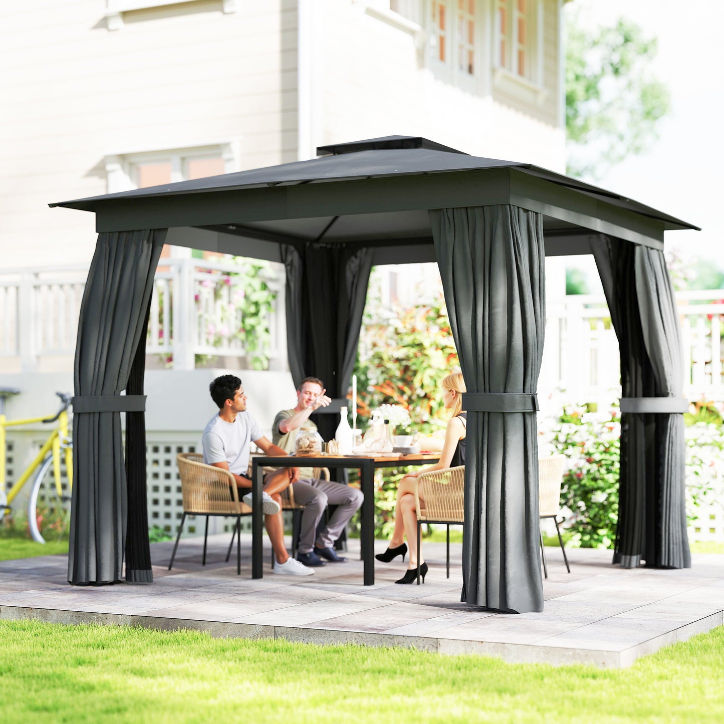 10x10 Outdoor Patio Gazebo Canopy with Curtains & Netting - Dark Gray