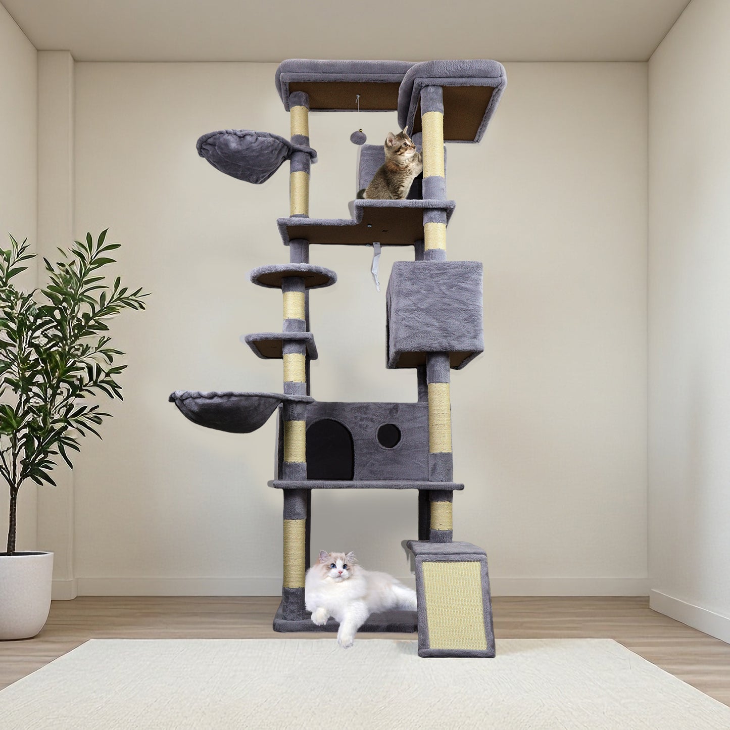 Large Dark Gray Cat Tree Tower with Multiple Condos, Scratching Posts and Perches