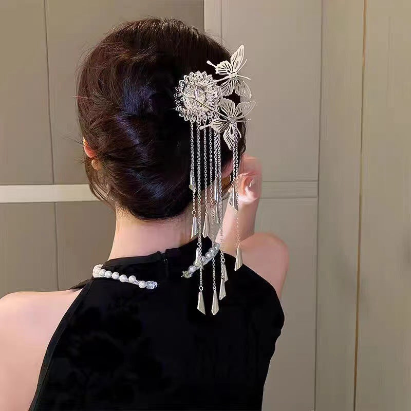 Butterfly Tassel Hairpin - Silver Alloy Hair Clip