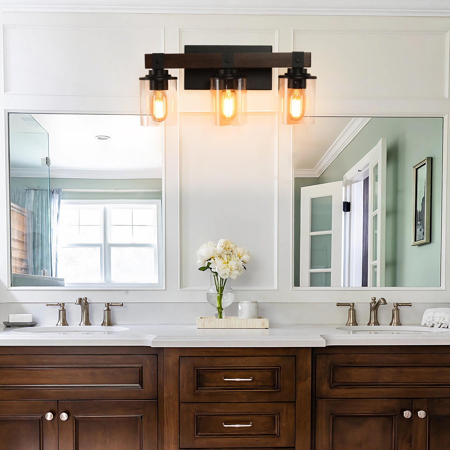 Rustic 3-Light Vanity Light Fixture with Glass Shades and Wood Accent